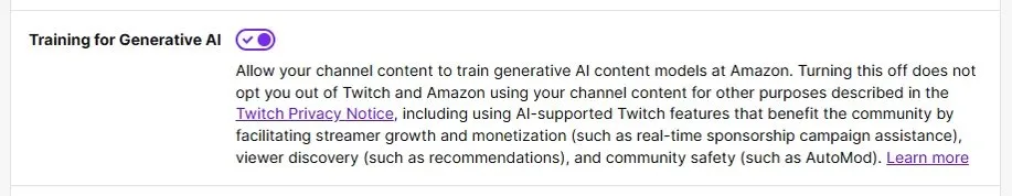 Twitch's 'Training for Generative AI' toggle and description, as it appears in Twitch's account settings.