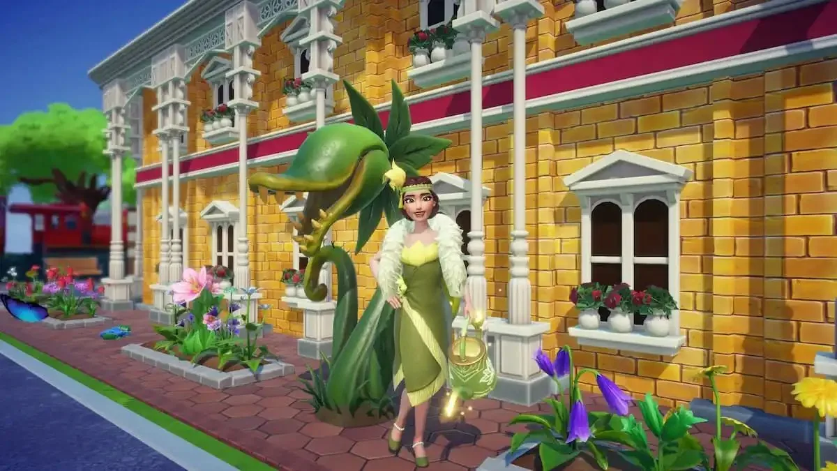 Holding watering can by carnivorous plant in disney dreamlight valley