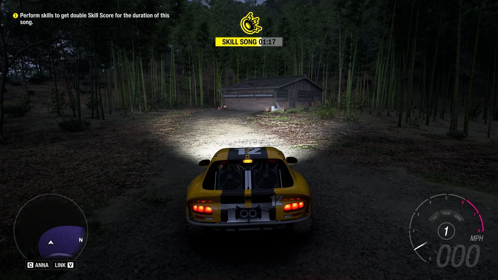 Forza Horizon 6 Barn Finds: A player parked outside an old wooden barn on a wooded hillside at night.