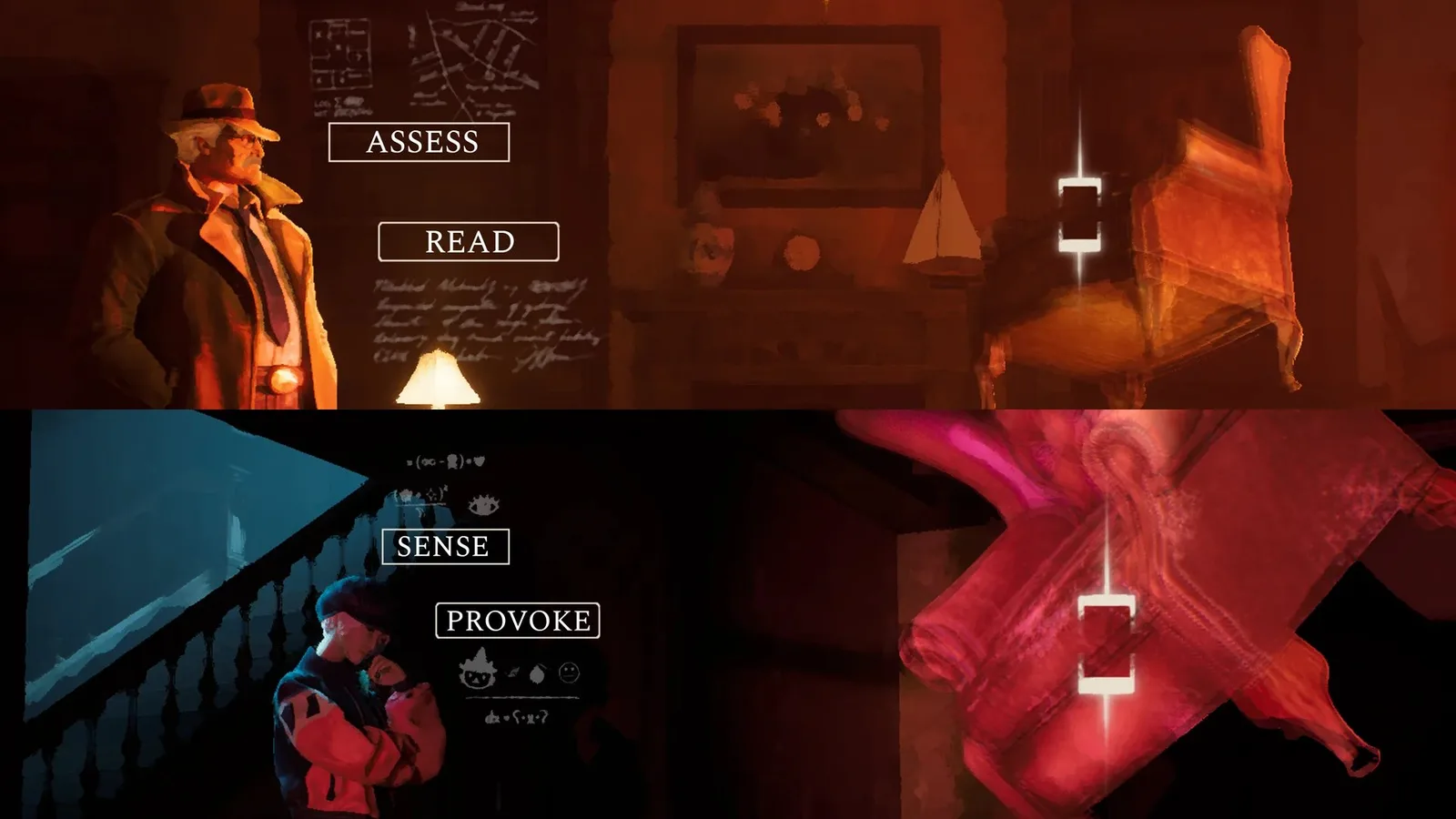 Brass and Kira's distinct evidence-gathering styles in The Eventide are highlighted by a split-screen comparison.