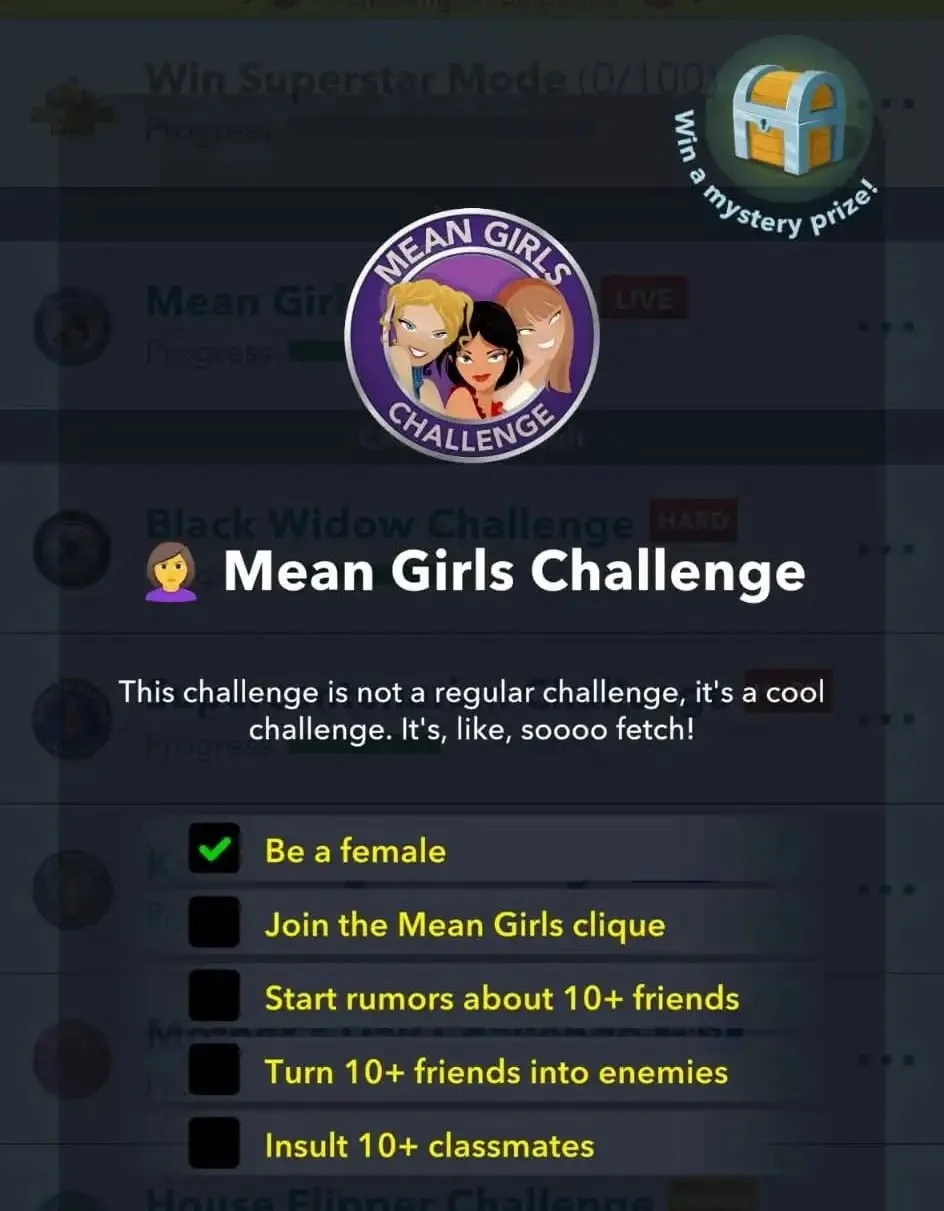 mean girls challenge goals in bitlife