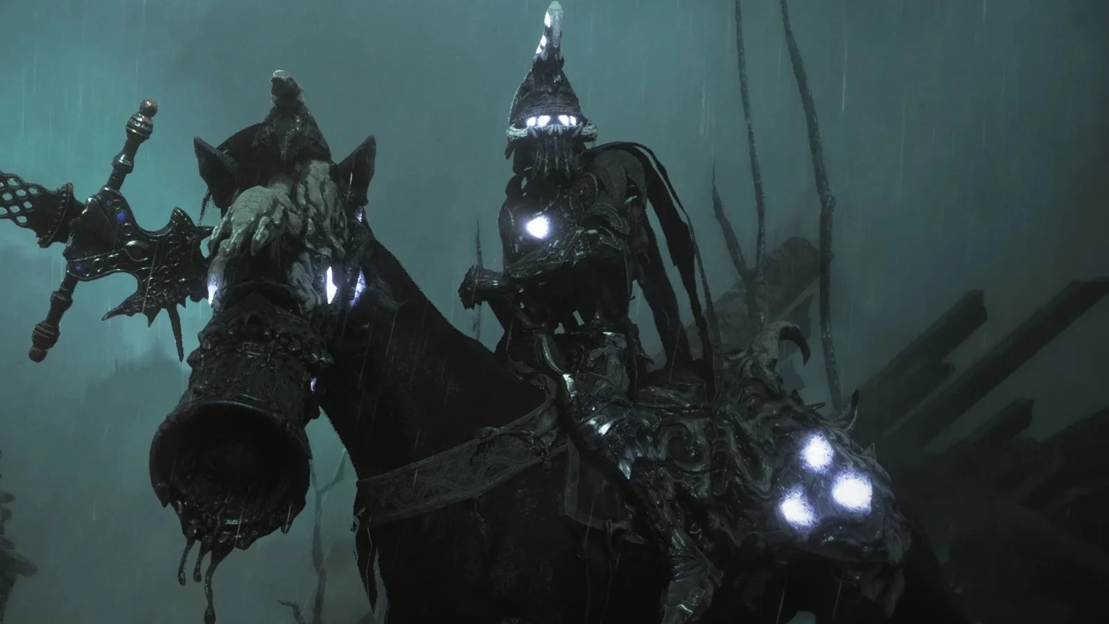 The Mendicant Reinbreaker of Soulframe, an oily black, glowing-eyed warrior with a long spear on a monstrous horse.