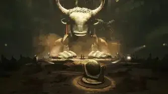 Sophia and Lemi look at the giant minotaur statue in Resonance: A Plague Tale Legacy