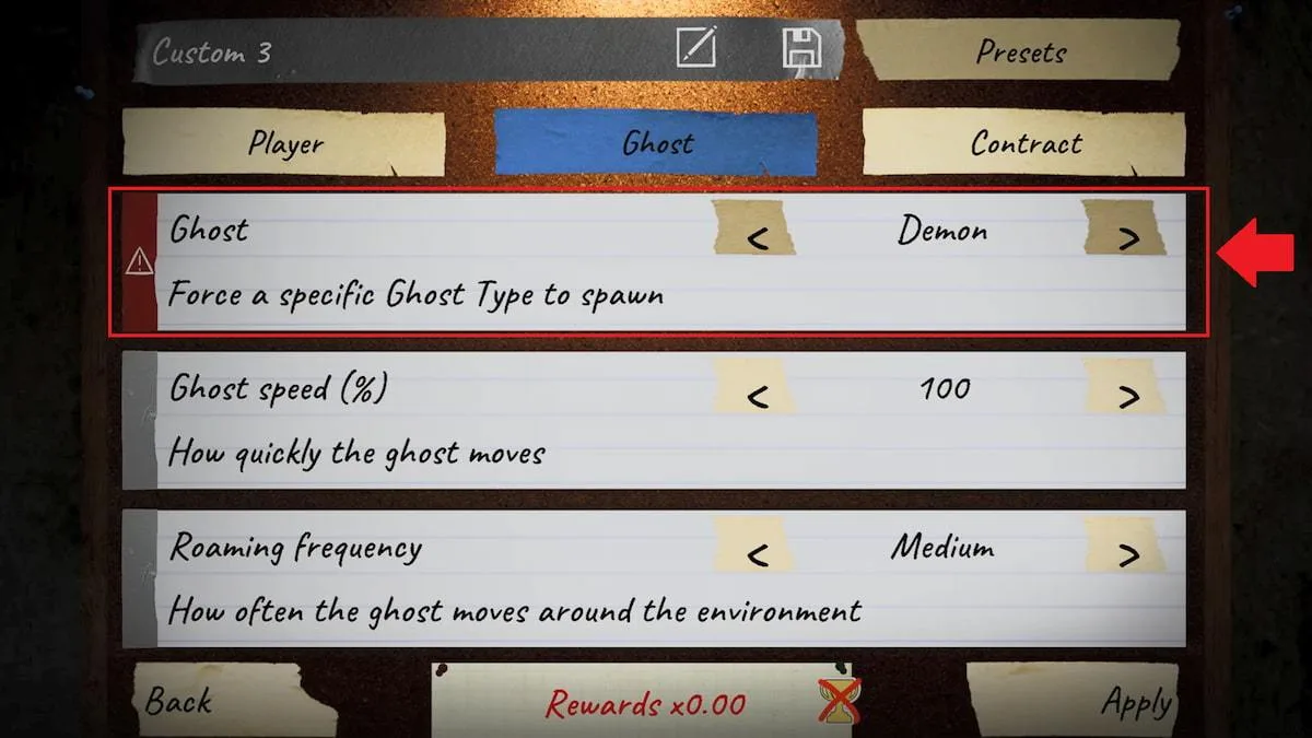 Choose ghost type option marked in phasmophobia