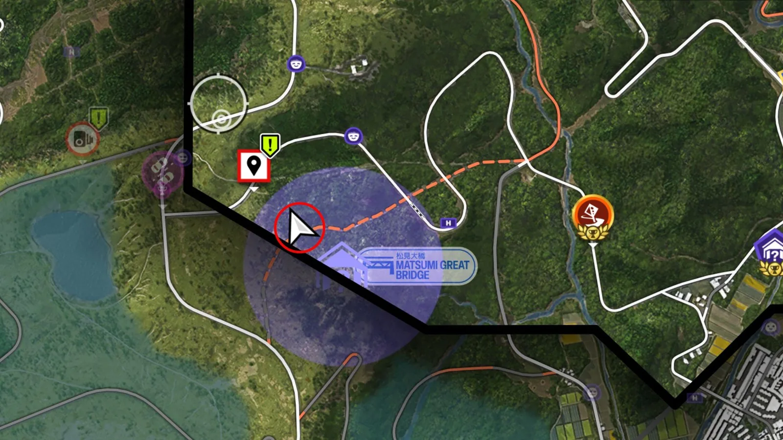 Forza Horizon 6 Barn Finds: A zoomed-in map with a red circle showing the location of the Barn Find vehicle within the purple search area.