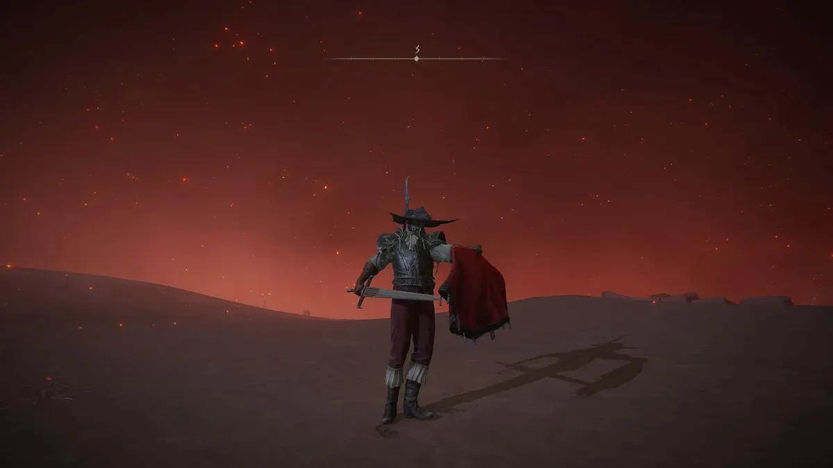 A Tarnished wears Leontiel's armor set and wields his signature greatsword in Elden Ring;