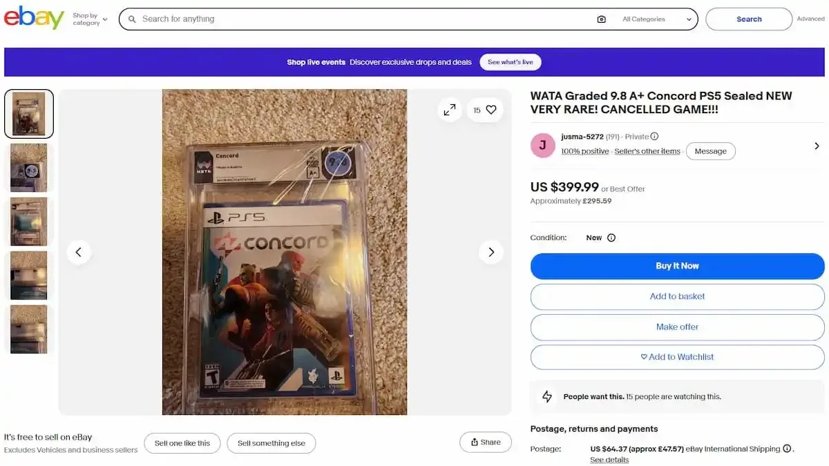 Ebay listing for a graded sealed copy of Concord.