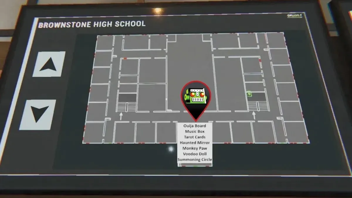 All Phasmophobia Brownstone High School Restricted Cursed Possession locations for first floor variant