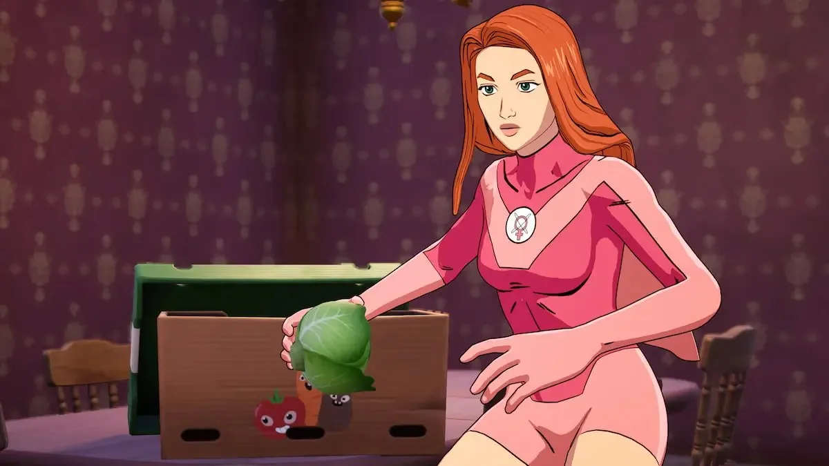 Atom eve holding lettuce in front of a produce box in fortnite