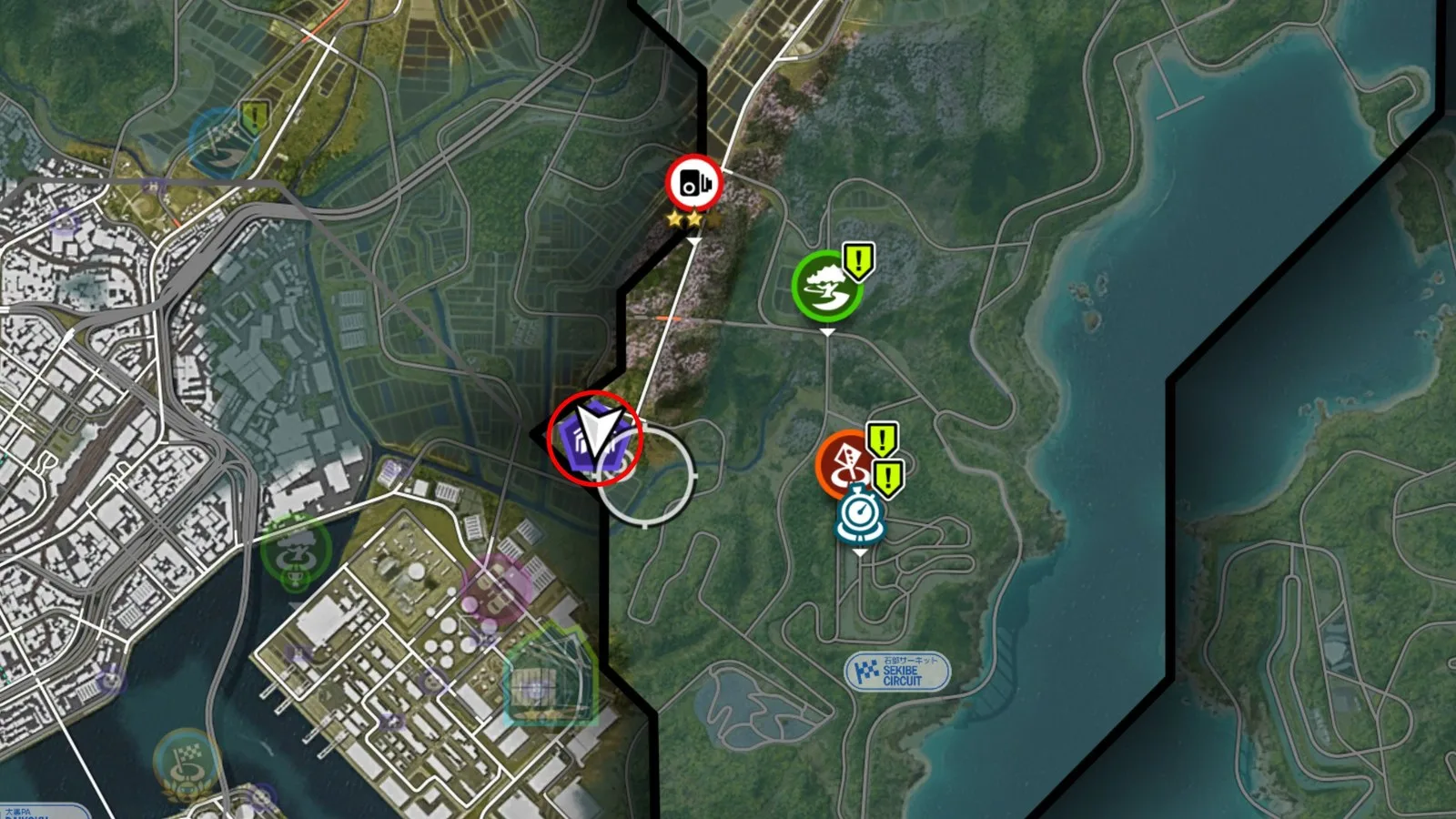 Forza Horizon 6 Barn Finds: A map with a red circle showing the location of the Barn Find within the purple search area.
