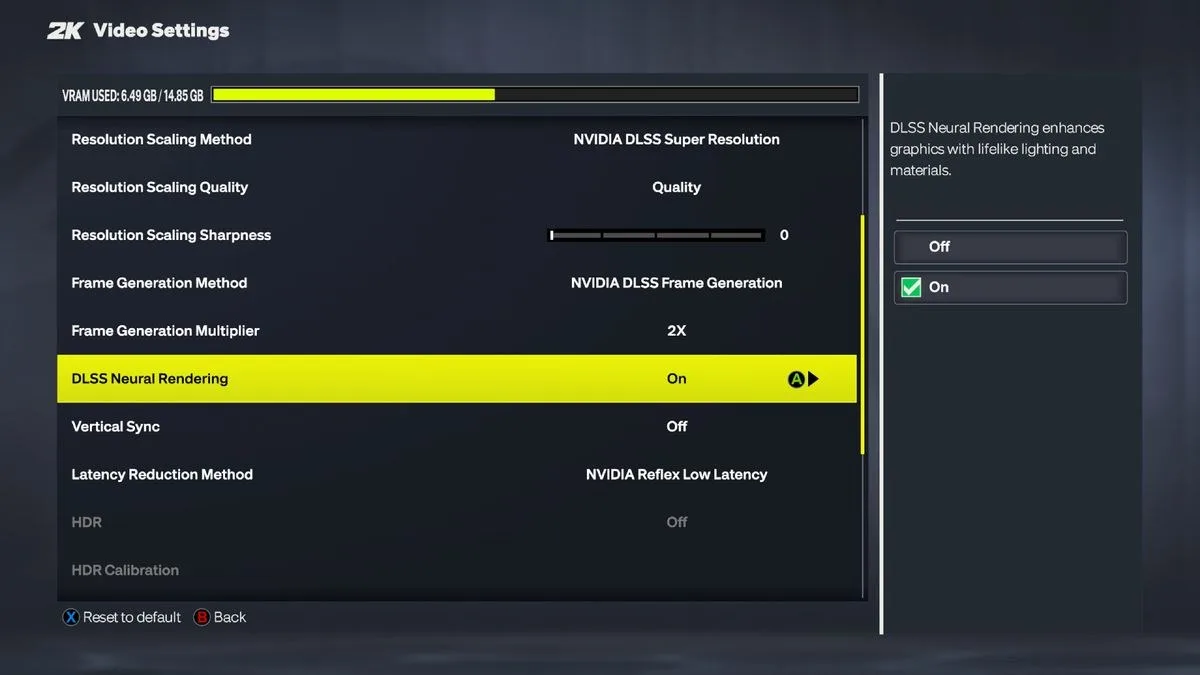 The graphics options menu for NBA 2K27, showing DLSS 5 labelled as "Neural Rendering"