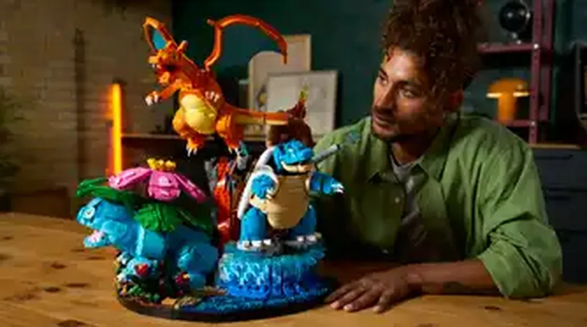 A Lego build of Pokemon Venusaur, Charizard, and Blastoise