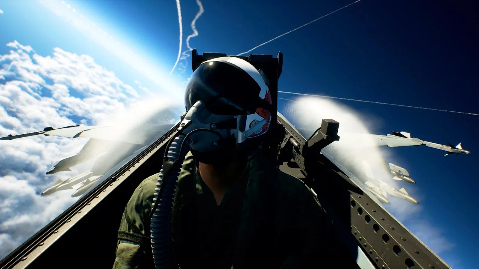 Ace Combat 8 official screenshot showing a pilot in cockpit head-on, looking up towards the sky as they fly at the top of the atmosphere