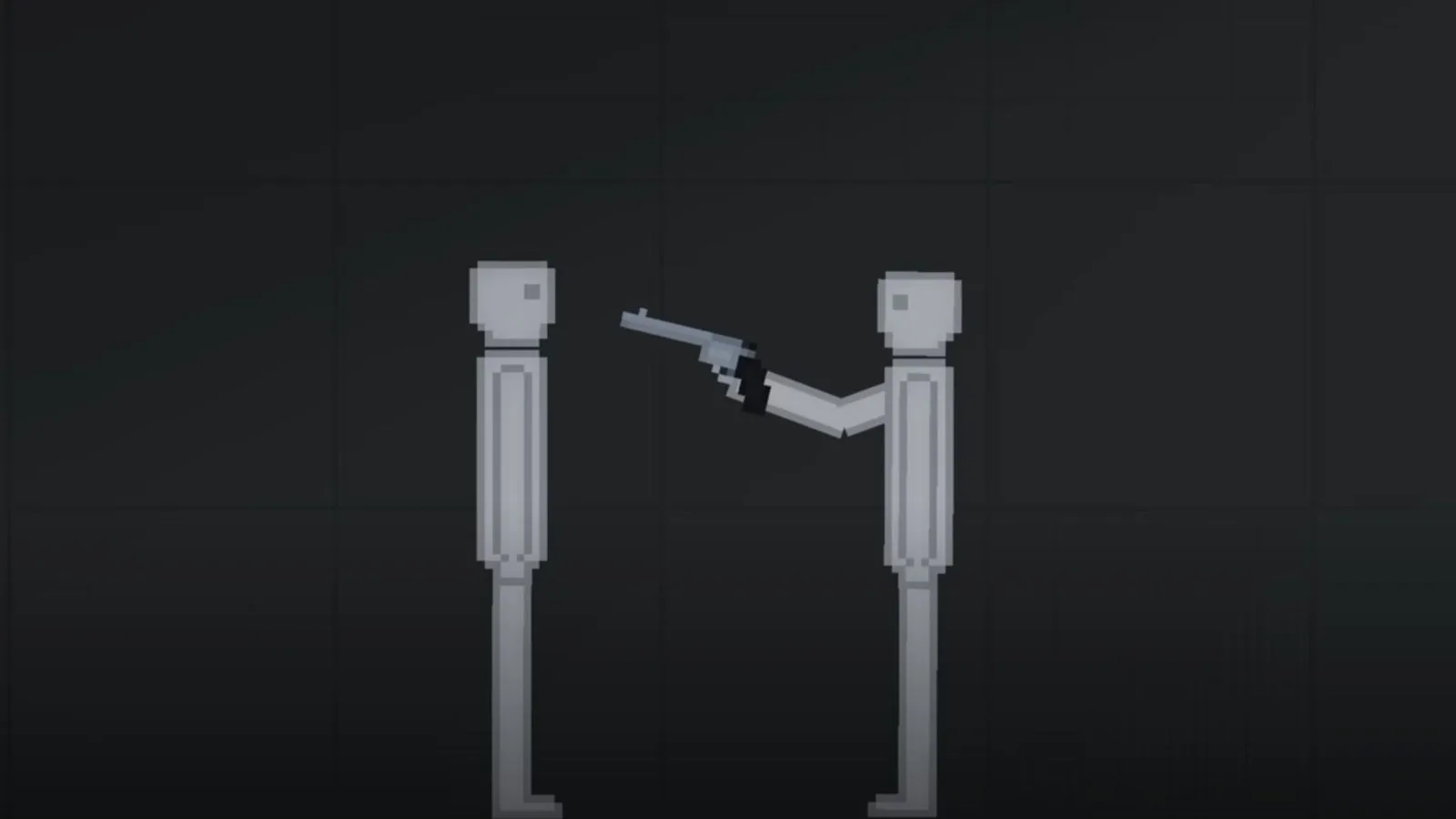 A humanoid ragdoll pointing a gun at the head of another in People Playground.