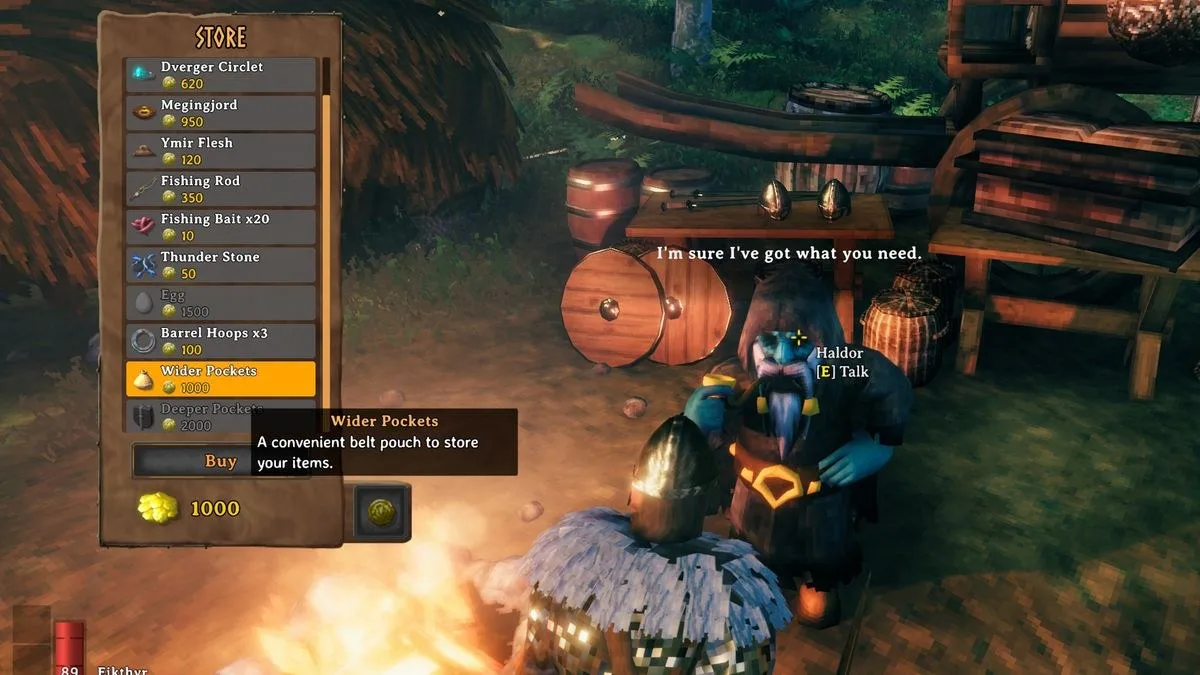 Haldor the Vendor in Valheim at his camp with a lox and campfire