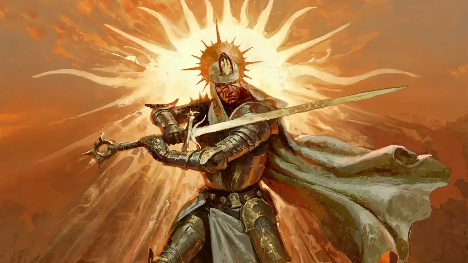 A paladin holds a long sword with a sun behind his head in Diablo 4 artwork
