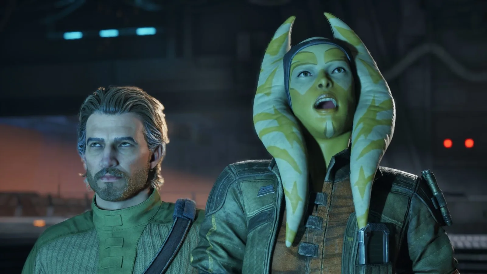 Hawks rolls his eyes while Runa talks to a hologram off-screen, illuminated by its blue glow