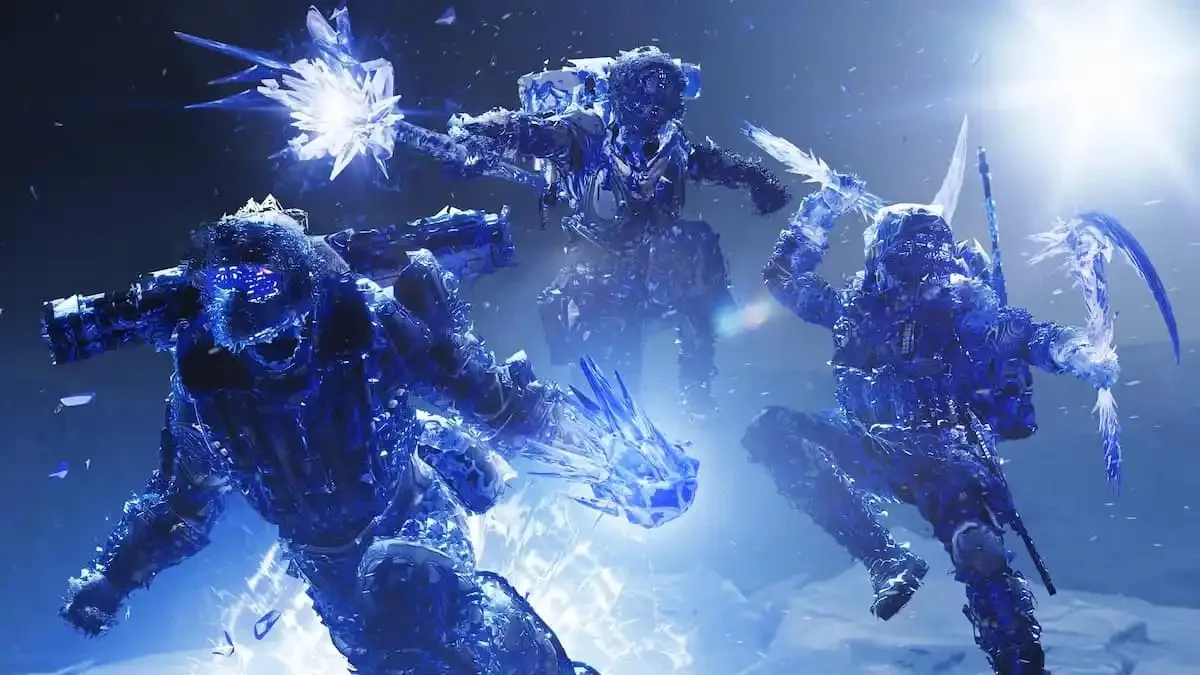 A Hunter, a Warlock, and a Titan using their Stasis supers in Destiny 2.