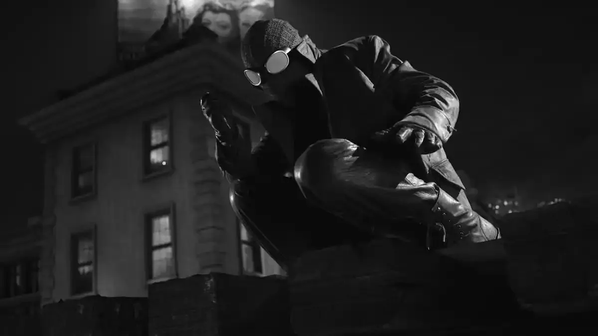 Nic Cage as Spider Noir sitting on top of a building. 
