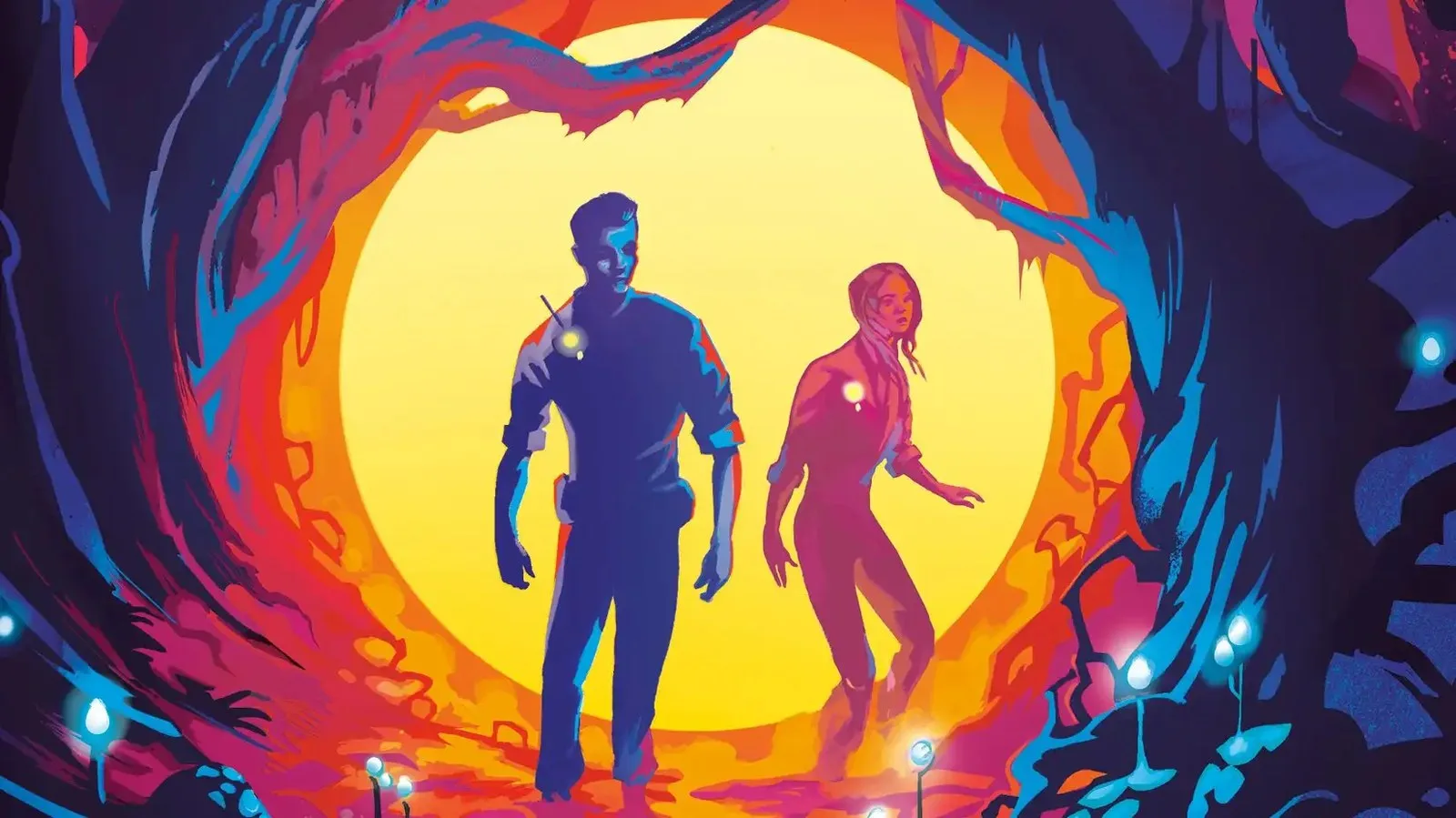 A man and a woman stand in a cave framed by vines in the cover art for Blightfall