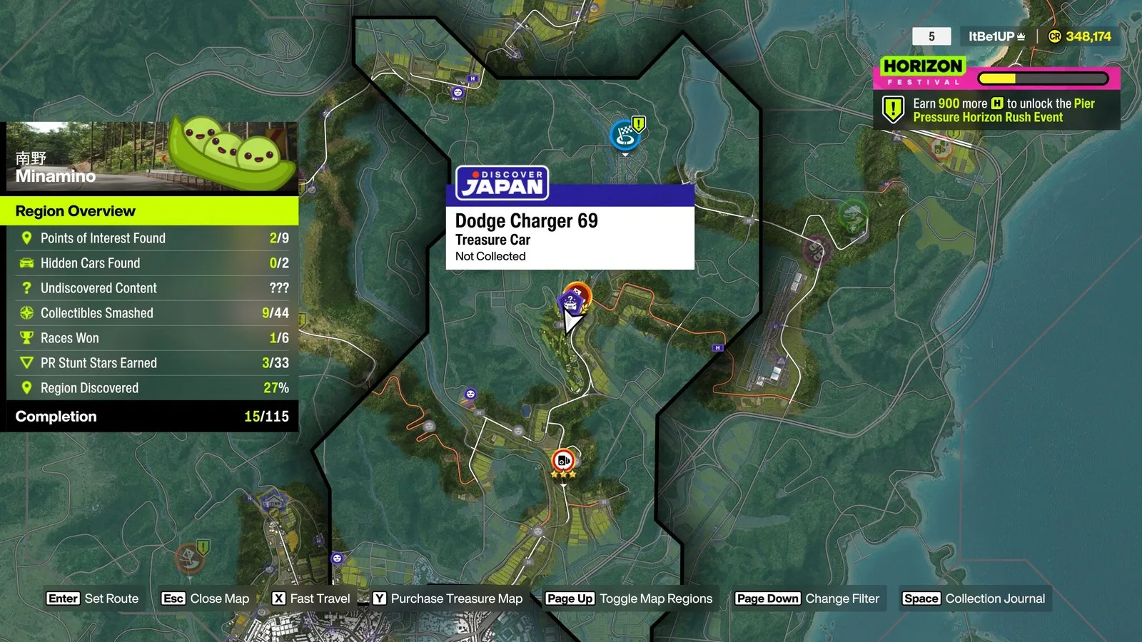 Forza Horizon 6 Treasure Cars: A map with a red circle bringing attention to the location of a Treasure Car in the Minamino region.