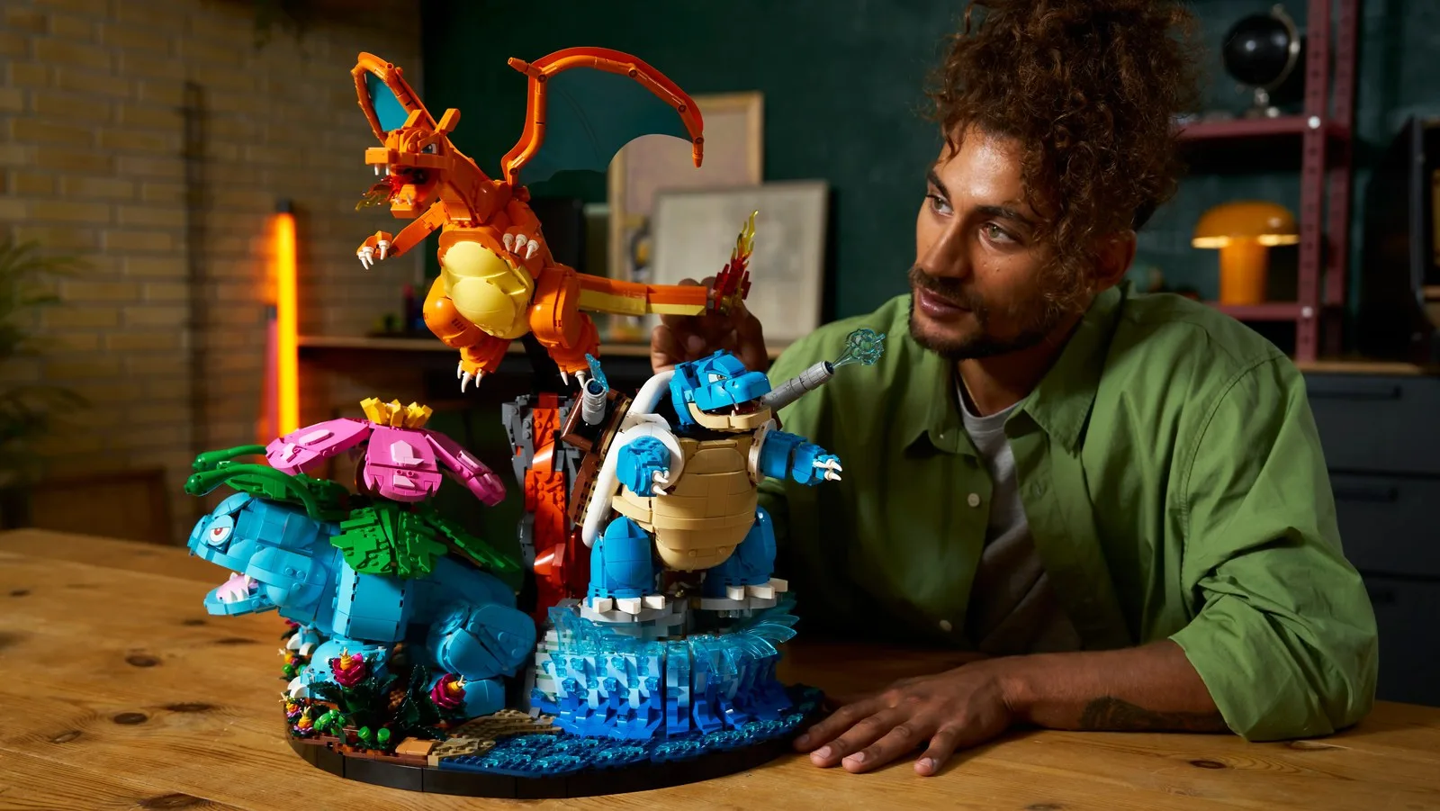 A Lego build of Pokemon Venusaur, Charizard, and Blastoise