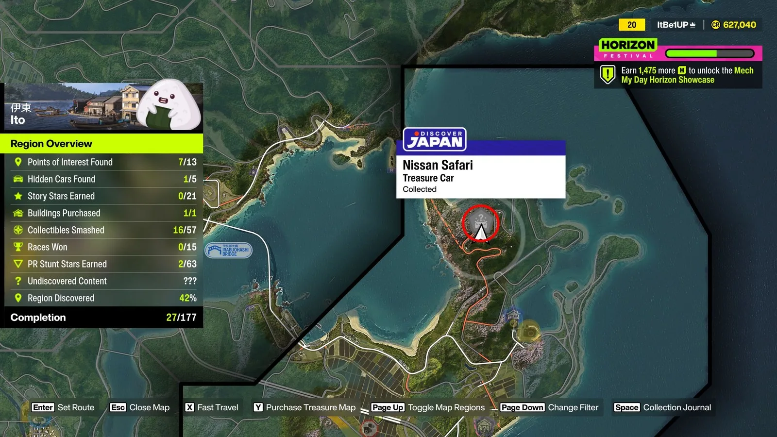 Forza Horizon 6 Treasure Cars: A map with a red circle bringing attention to the location of a Treasure Car in the Ito region.
