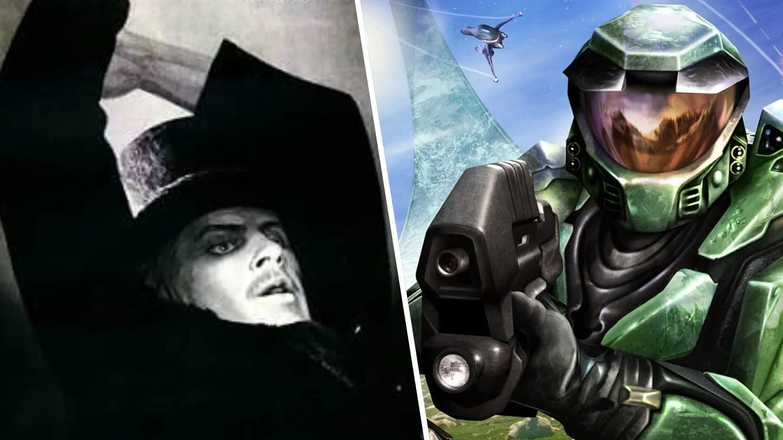 A split image showing Rodion Raskolnikov next to Master Chief.