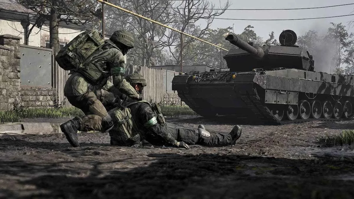 Player dragging another player up a street in Wardogs.