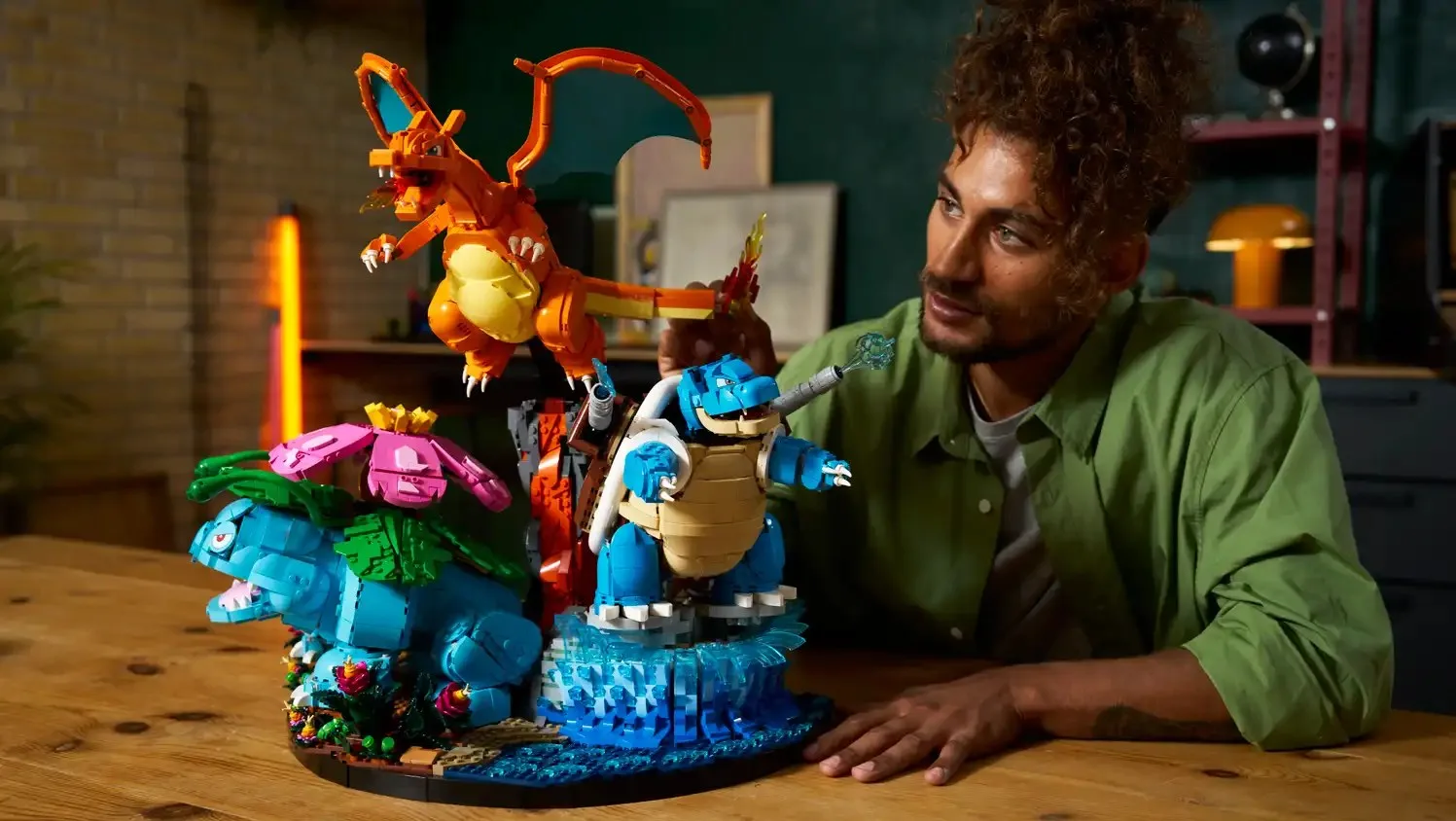 A Lego build of Pokemon Venusaur, Charizard, and Blastoise