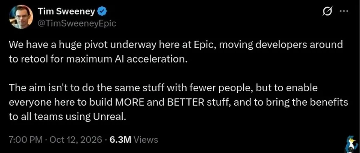 We have a huge pivot underway here at Epic, moving developers around to retool for maximum AI acceleration.  The aim isn't to do the same stuff with fewer people, but to enable everyone here to build MORE and BETTER stuff, and to bring the benefits to all teams using Unreal.