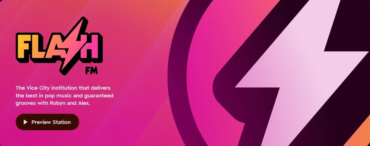 The Flash FM Preview shows a lightning bolt and the text "Flash FM" in a stylized font, showcasing GTA 6's pop station.