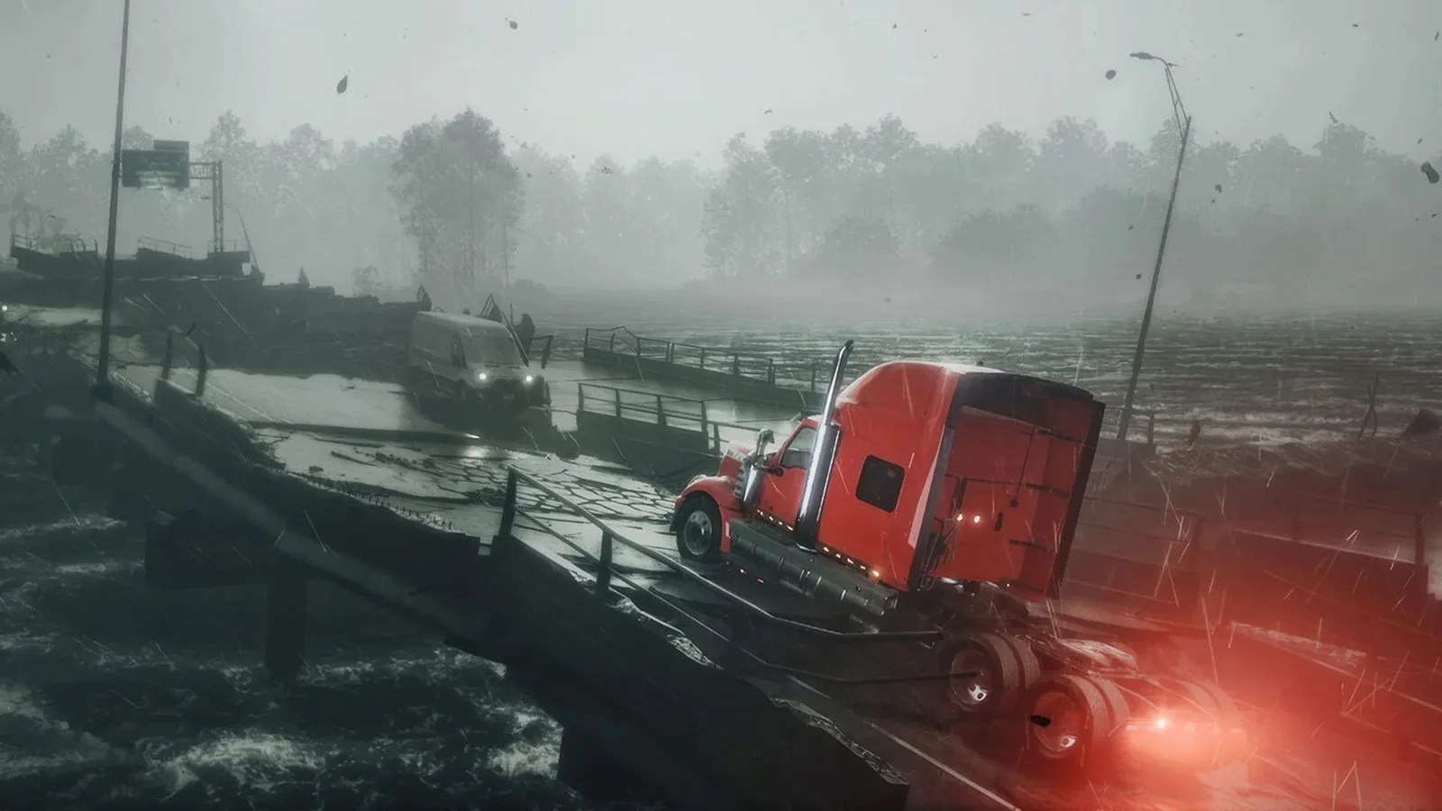 A truck battles to try over a breaking bridge in high winds in Road Kings