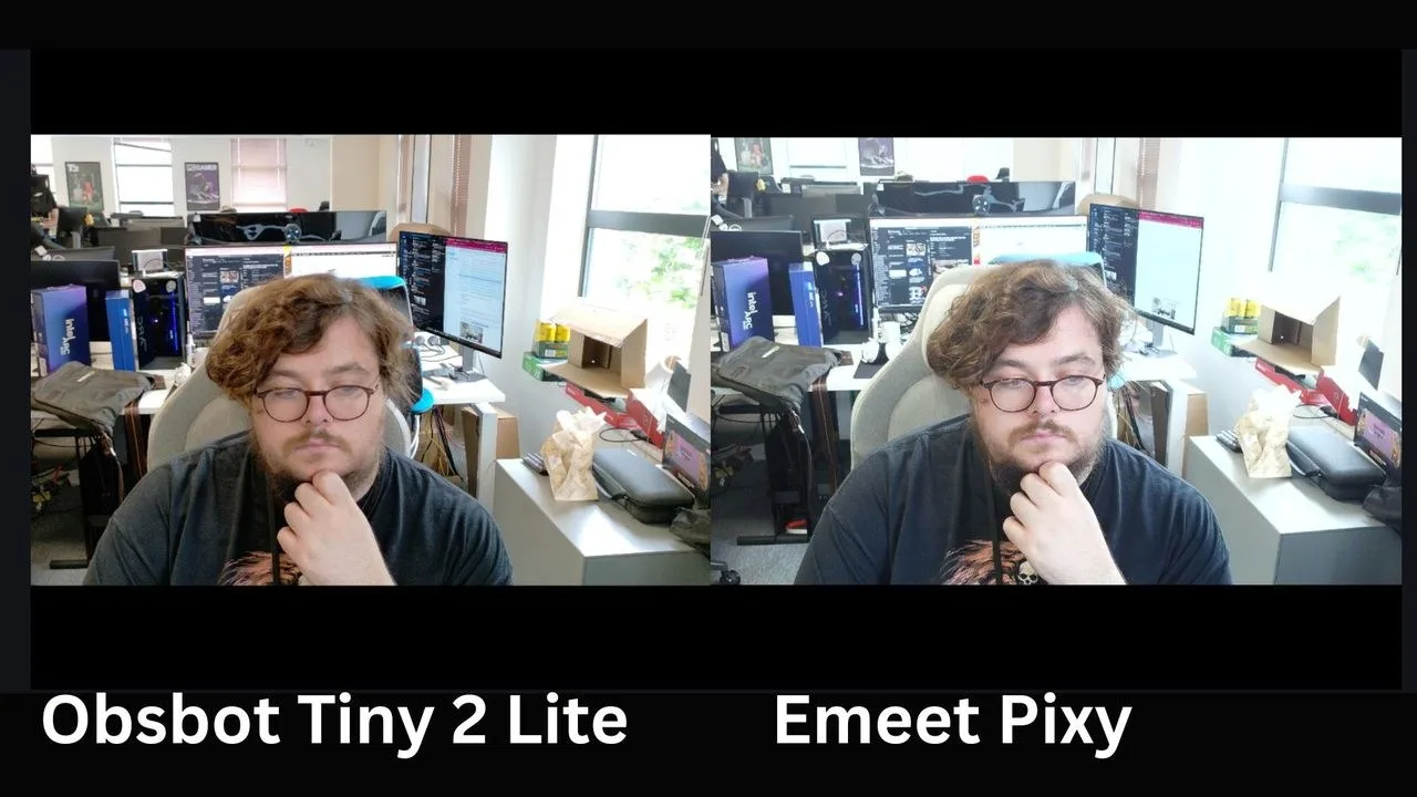 A side by side comparison of the Obsbot Tiny 2 Lite and the Emeet Pixy