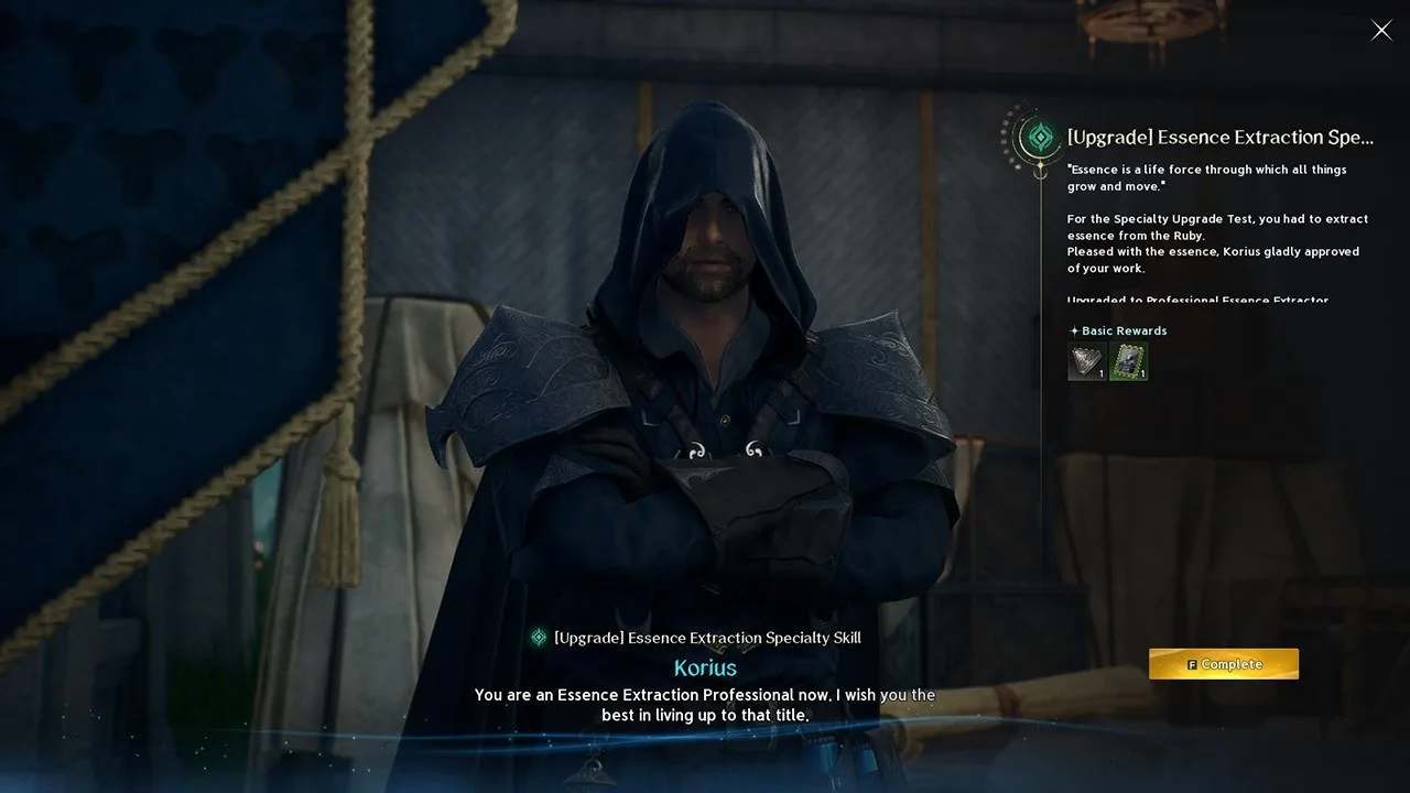 The player completes the [Upgrade] Essence Extraction Specialty quest in Aion 2.