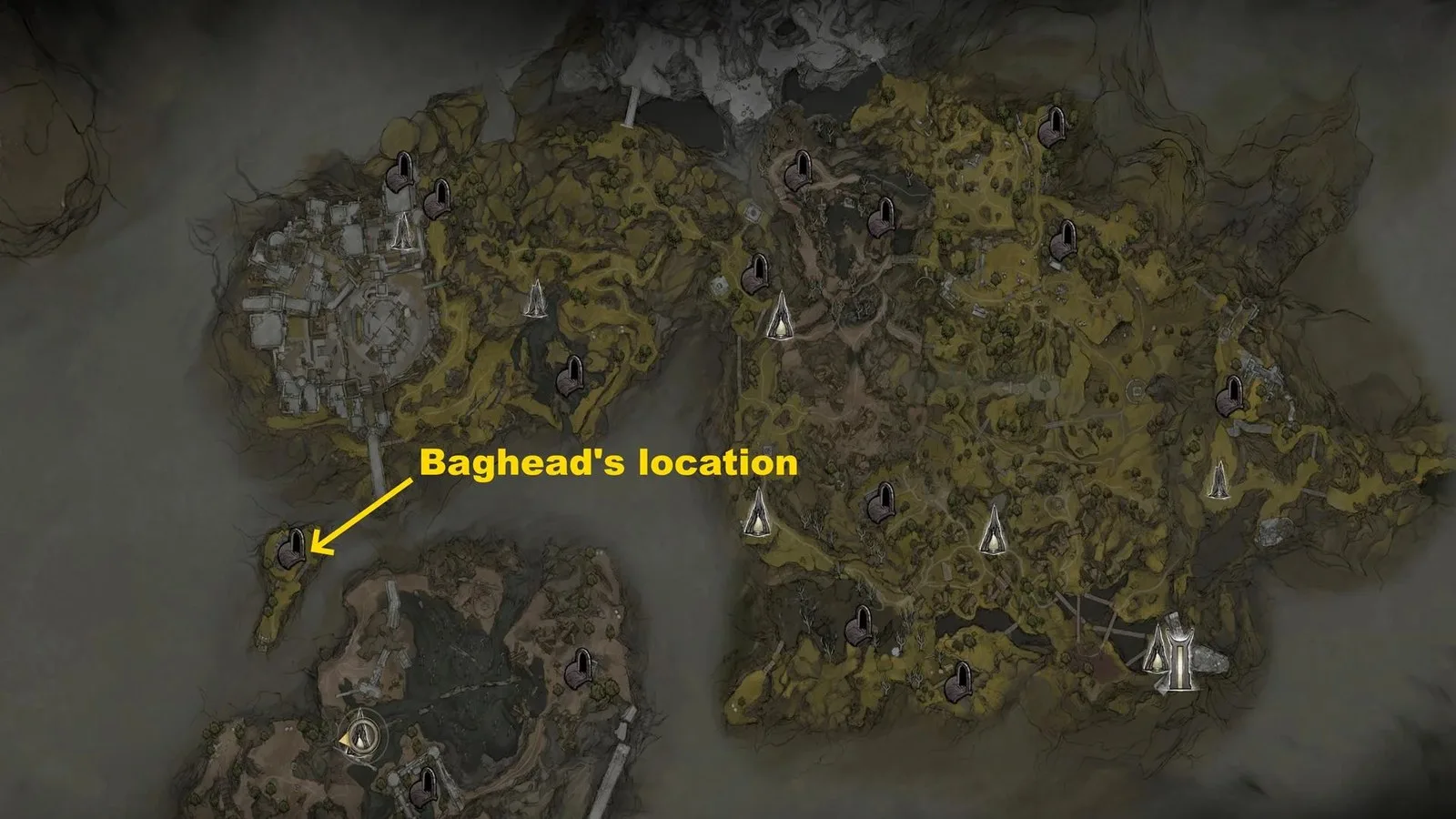 A map of Mortal Shell 2, with a yellow arrow pointing to the location of Baghead.
