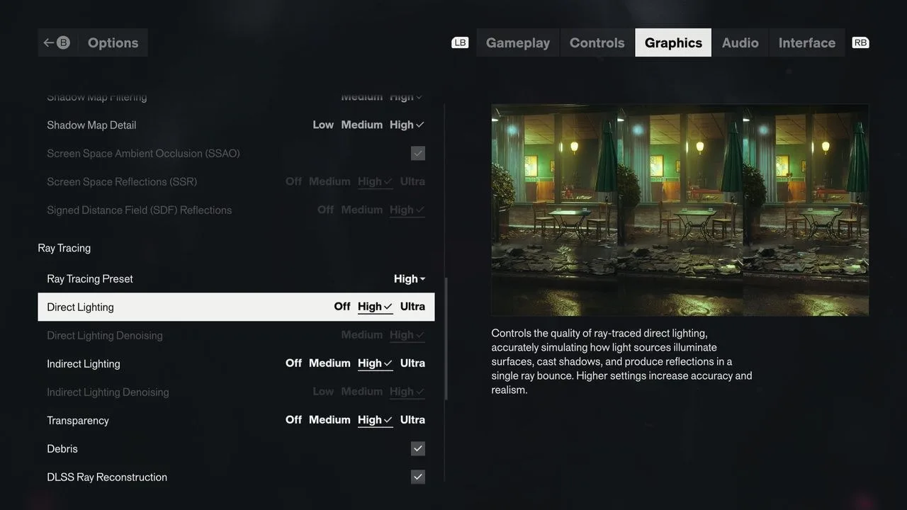 The graphics setting menus for Control Resonant