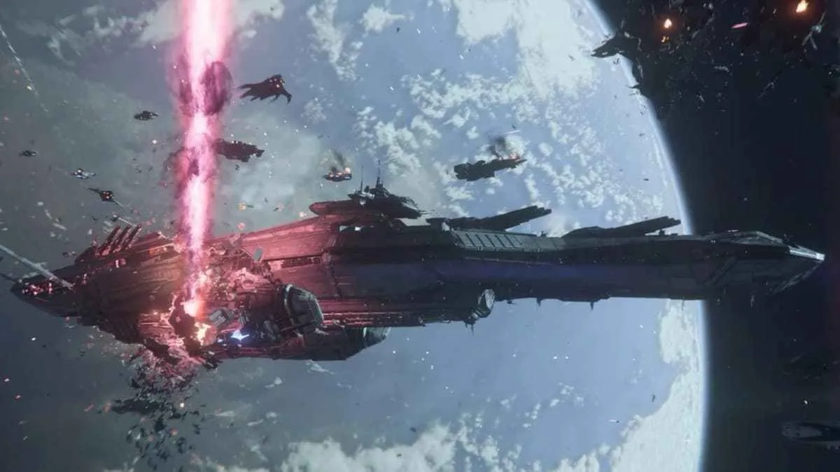 A star ship on fire and in combat above a massive planet in Squadron 42.