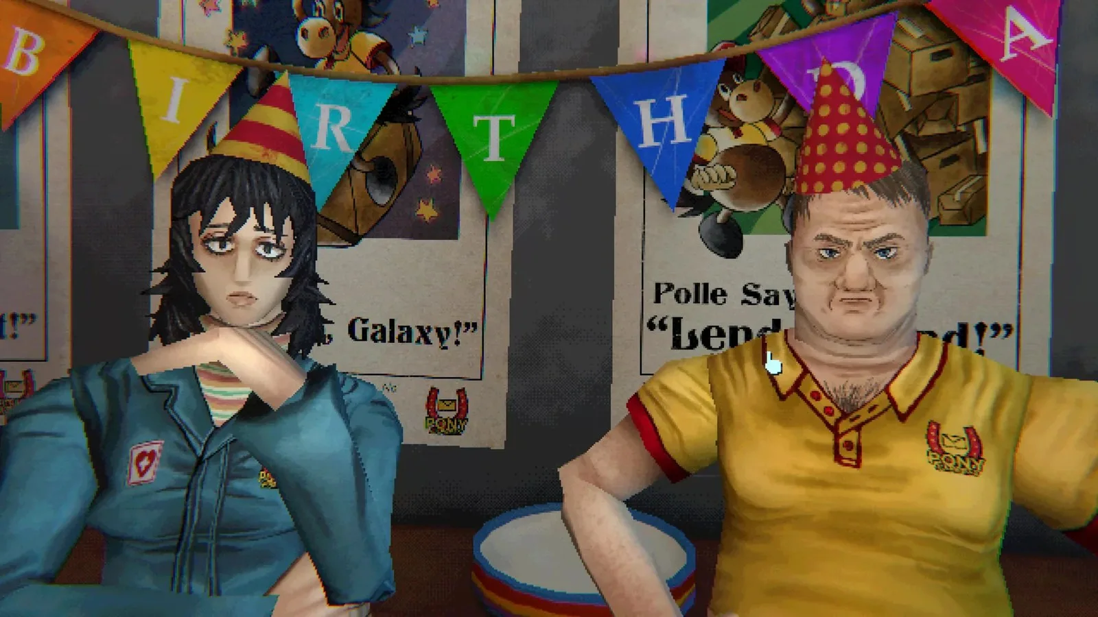 A man and a woman wear party hats at a birthday party  in Mouthwashing.