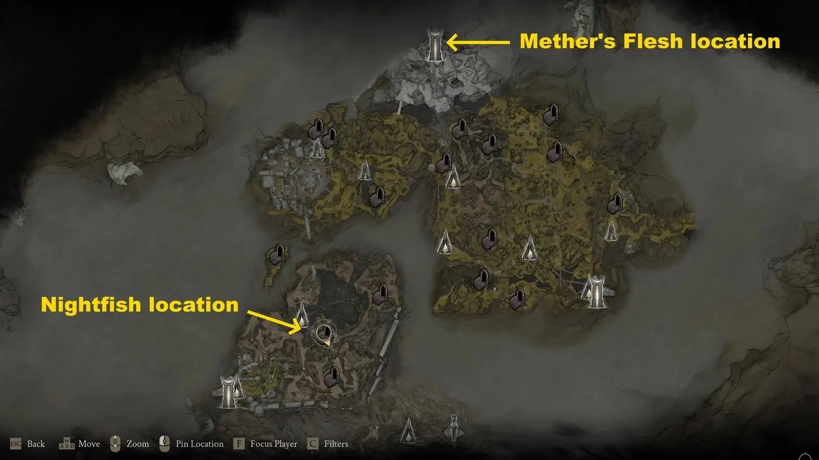 A screenshot from Mortal Shell 2, showing the map location of the Methers Flesh item.
