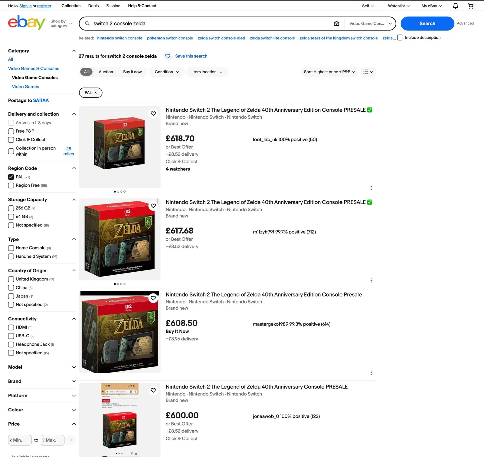 Nintendo Switch 2 The Legend of Zelda 40th Anniversary Edition Console PRESALE listings with varying and expensive prices and seller ratings.
