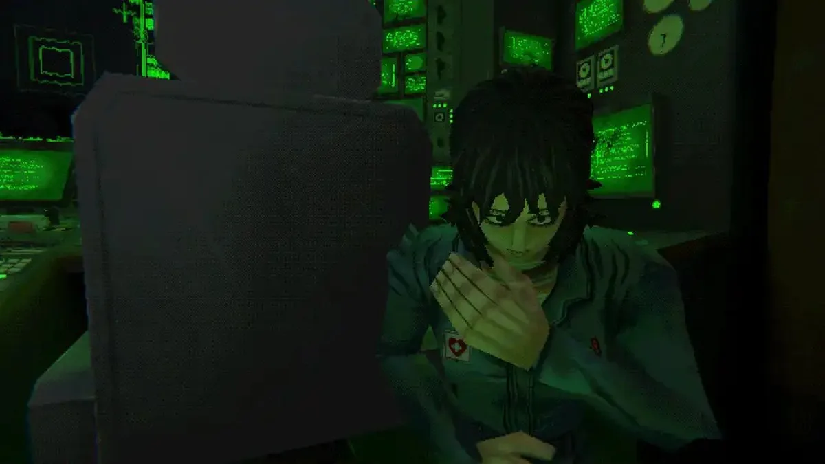 Anya, a medic with the Pony Express, looks hopeless while bathed in the green light of sci-fi displays aboard a cargo ship.