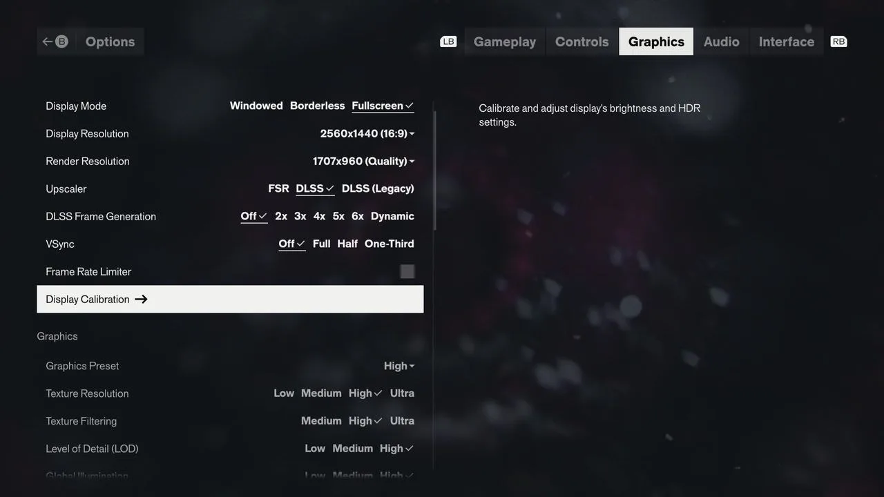 The graphics setting menus for Control Resonant