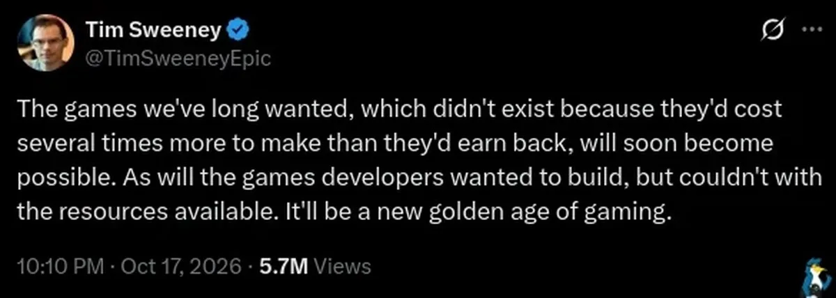 The games we've long wanted, which didn't exist because they'd cost several times more to make than they'd earn back, will soon become possible. As will the games developers wanted to build, but couldn't with the resources available. It'll be a new golden age of gaming.