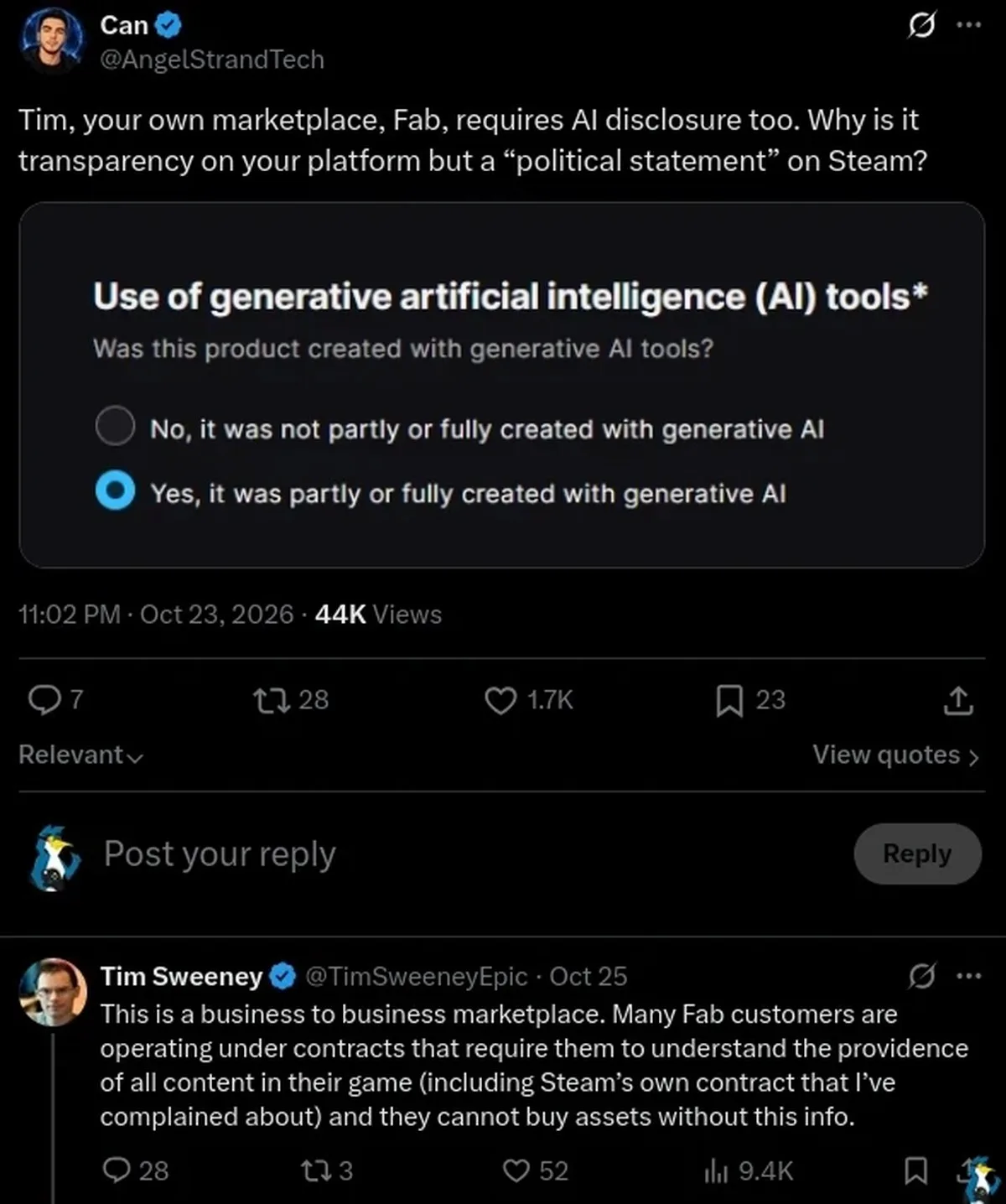 This is a business to business marketplace. Many Fab customers are operating under contracts that require them to understand the providence of all content in their game (including Steam’s own contract that I’ve complained about) and they cannot buy assets without this info.