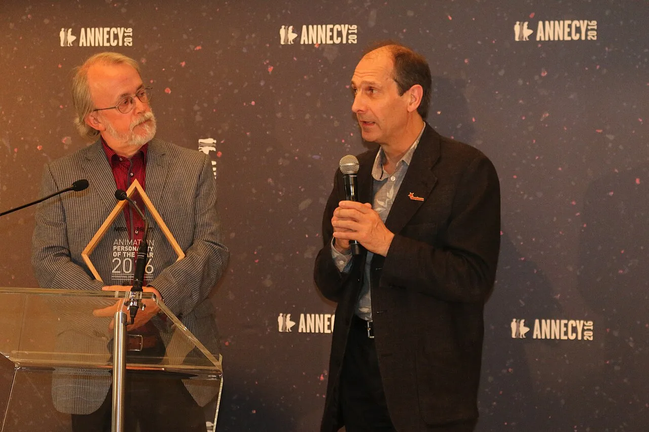 Founders Peter Lord and David Sproxton at the 2016 Annecy International Animation Film Festival, where they accepted the Animation Personality of the Year Award[6]