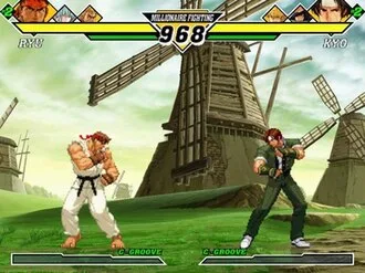 Dreamcast version screenshot of a match between Ryu and Kyo