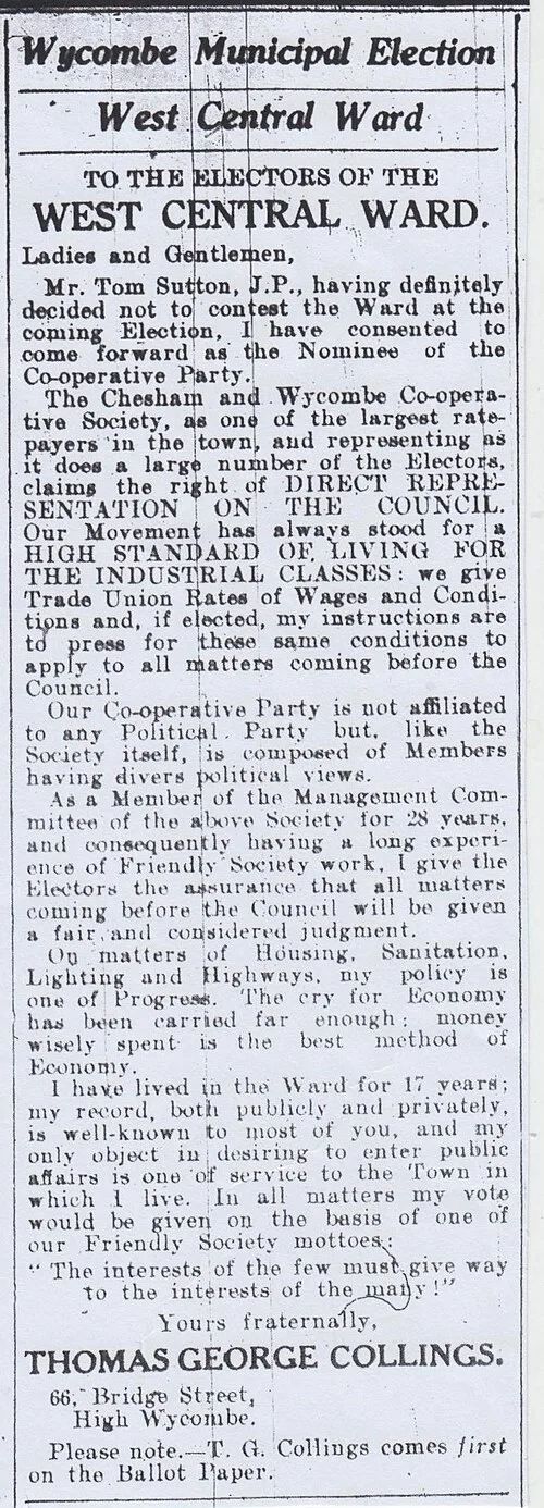 October 1932 election address of Tom Collings – High Wycombe Borough Council