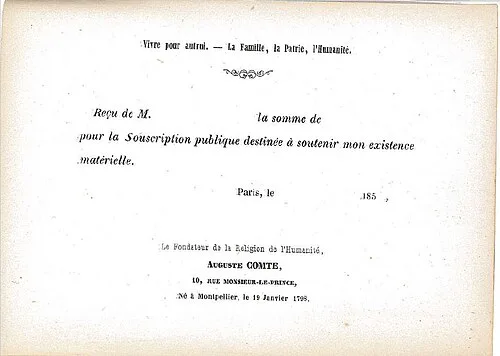 A printed receipt 135 × 97 mm issued between 1850 and 1857 to support French philosopher Auguste Comte[14][unreliable source?]