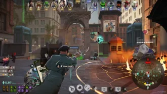Gameplay screenshot of Deadlock during its closed playtest (c. February 2025), showing a fight happening in the blue lane (middle) from the perspective of the hero Pocket